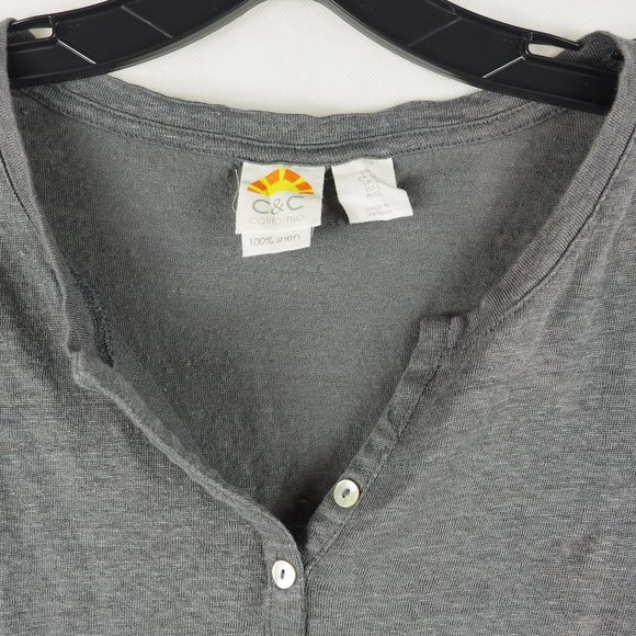 C&C California Women's Shirt Top Henley Linen Basic Solid Gray Large - Picture 3 of 9